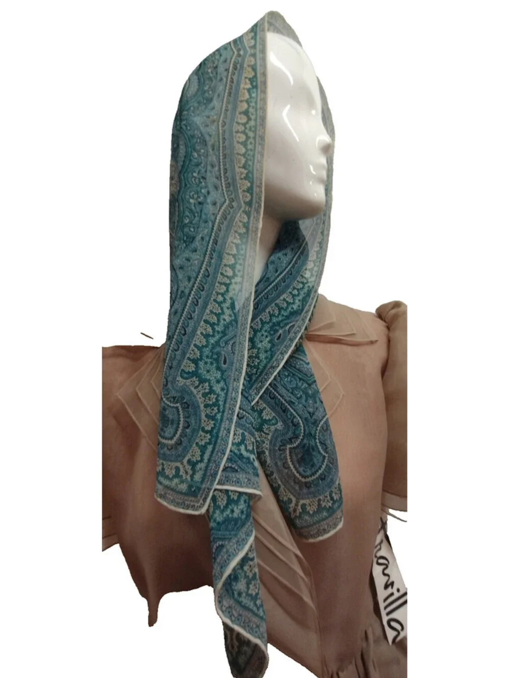Vintage 50s 60s Silk Chiffon Scarf  Big Indian Paisley Teal Green Wide Oblong